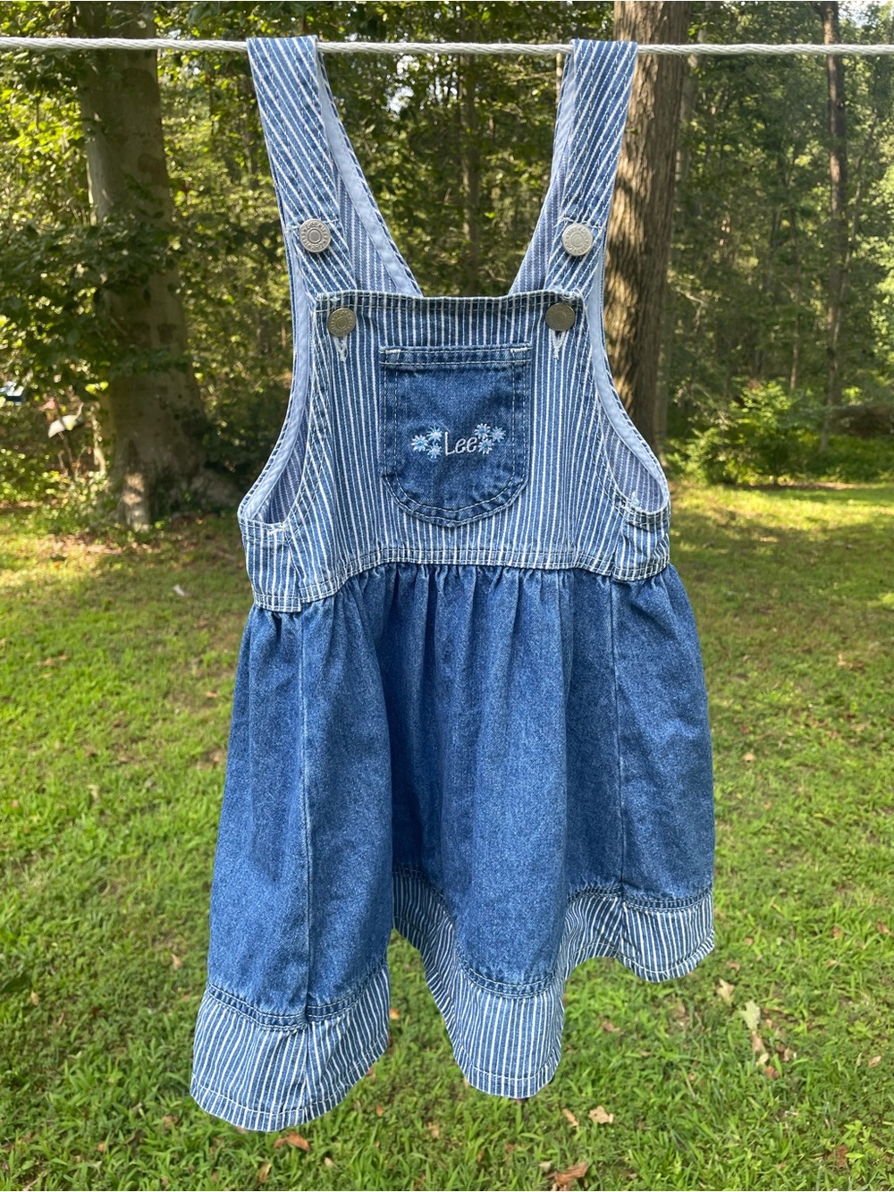 Vintage Lee Girls' Blue Denim Overall Dress with Embroidered Front Pocket
